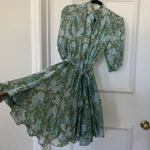 Hannah Artwear Magnolia silk green floral tie waist ruffle midi length dress